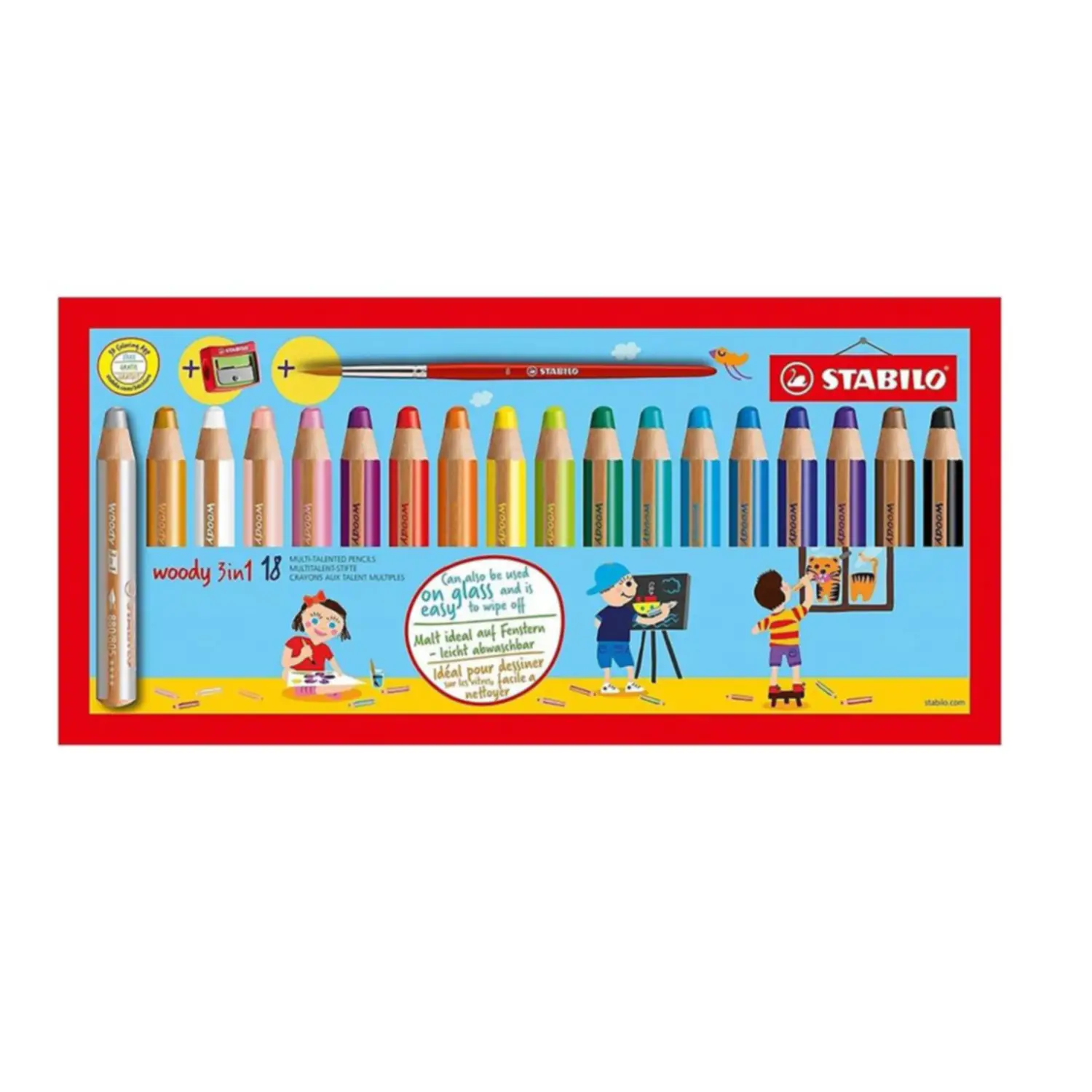 Pastelloni Colorati Stabilo Woody 3 in 1 – Set da 18 Pezzi | Con Pennello e Temperino - Pastelli