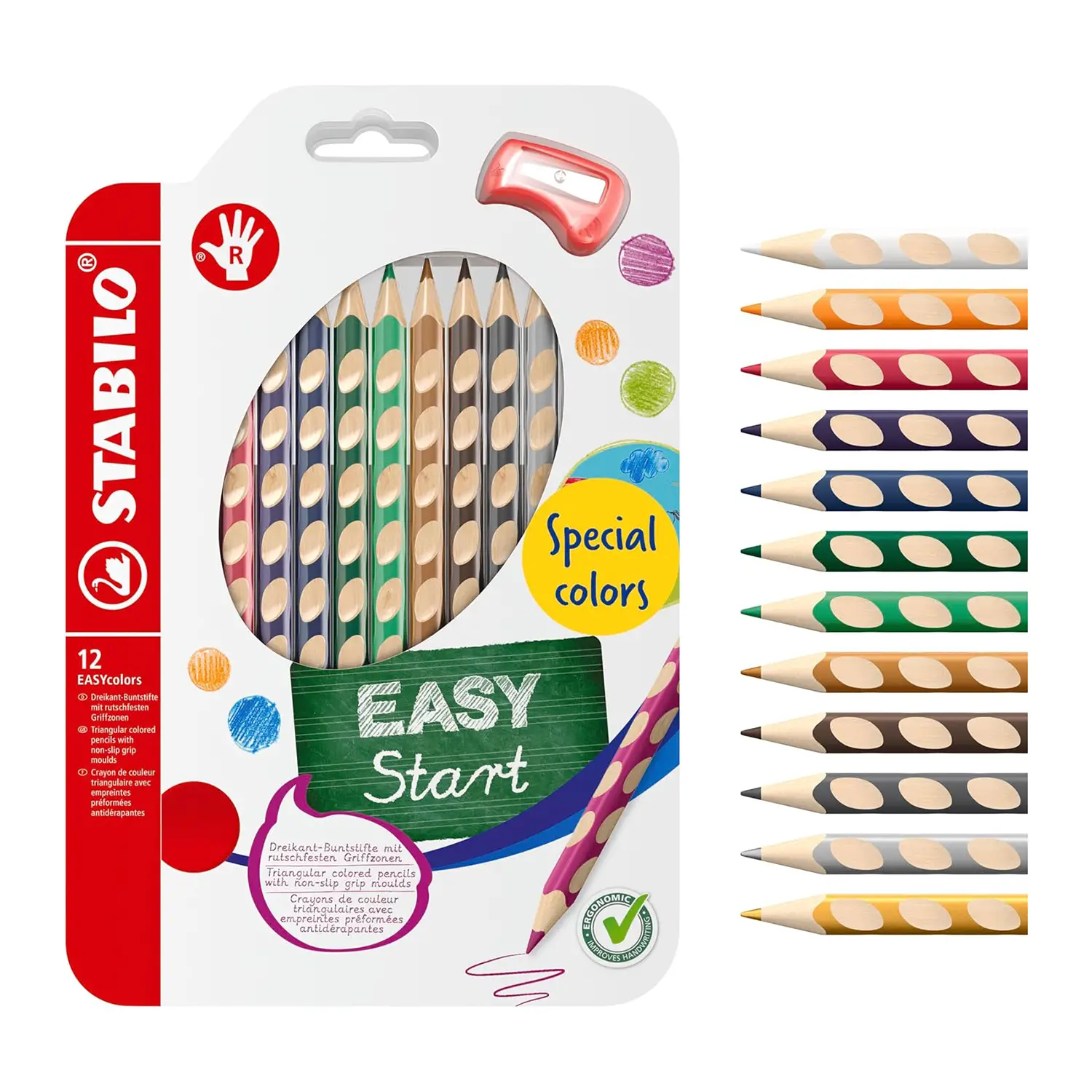 Pastelloni Easycolor per Destrimani – 12 Colori Inclusi Oro E Argento + Temperino - Pastelli