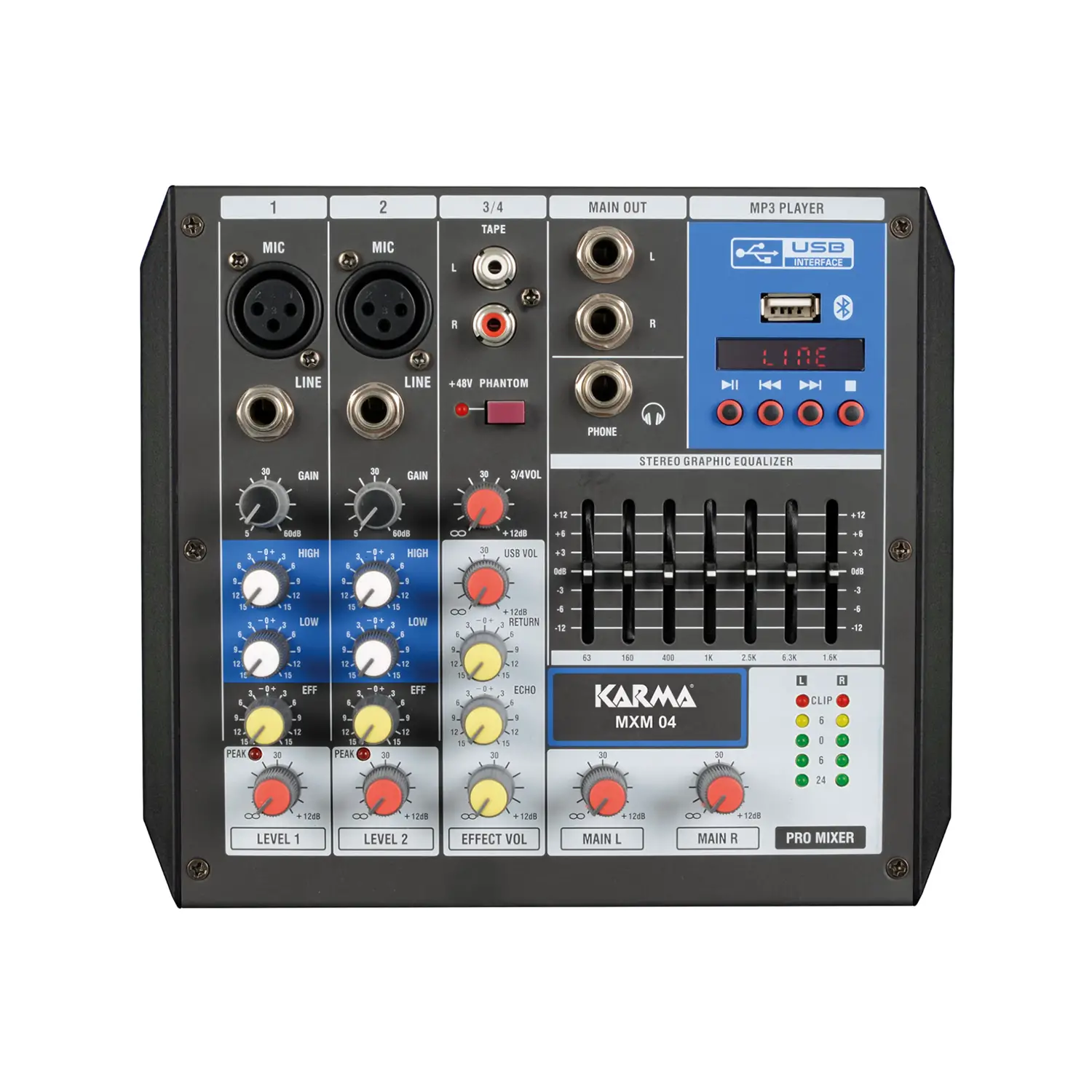 Mixer Microfonico 4 Canali con Equalizzatore, Effetto Eco, Connessione USB RCA XLR Bluetooth - Dispositivi audiovisivi