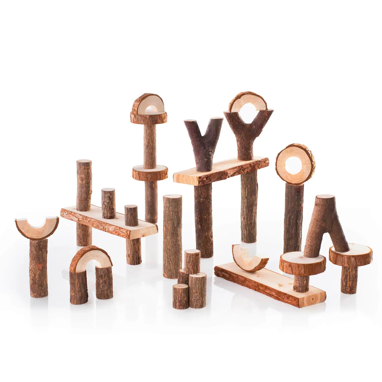 Blocchi in Legno Naturale con Effetto Corteccia, Set 36 Pezzi Misure Assortite - Costruzioni in legno