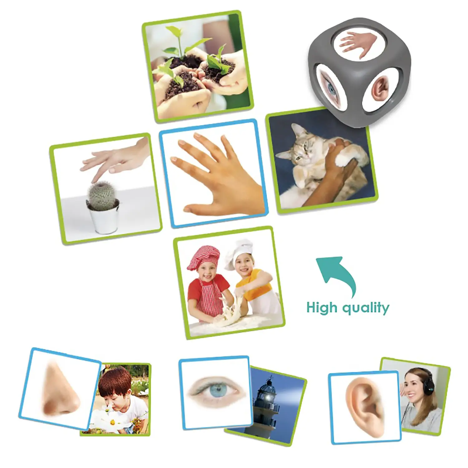I Nostri Sensi: Set Educativo per Scoprire i 5 Sensi - 50 Tessere 9x9 cm + Dado - Sviluppo sensoriale