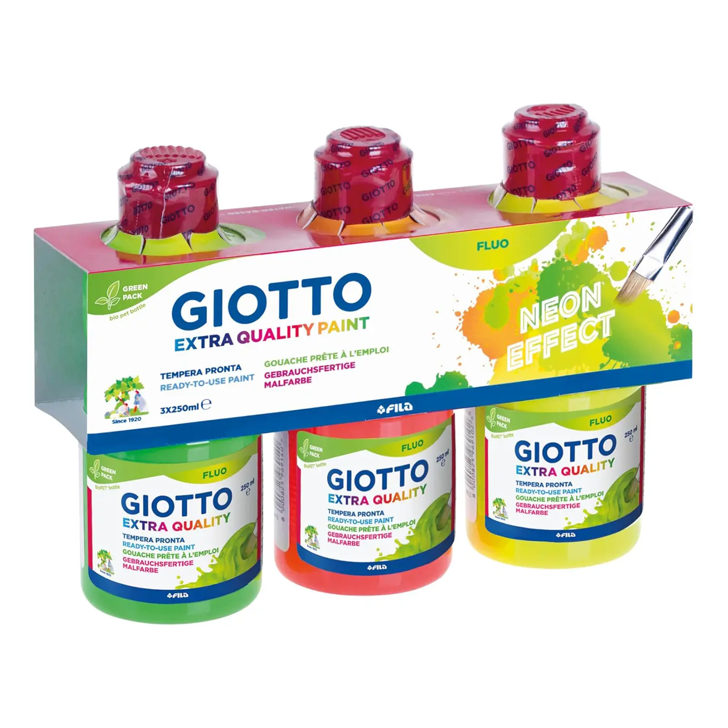 Tempera Giotto Fluo 250 ml - Set 3 Colori Fluorescenti FILA - Tempere