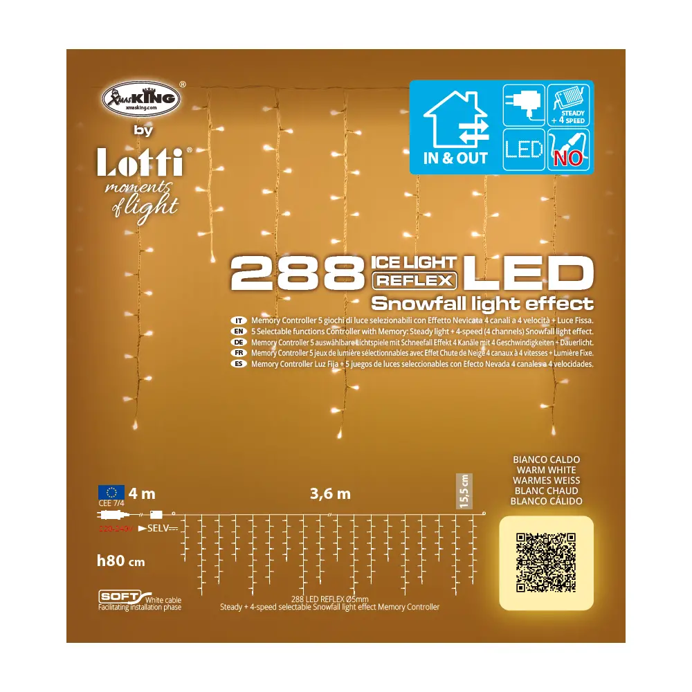Catena Luci Natale Lotti Snow Light 288 Led Ø 5mm h 80 cm Bianco Caldo Filo Bianco da 3,6 metri - luci