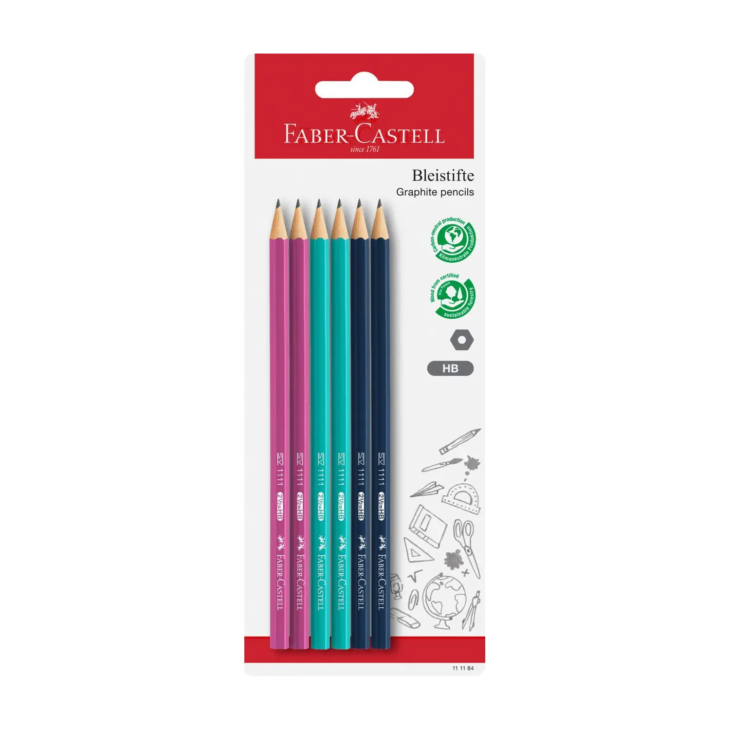 Set 6 Matite da Disegno in Grafite 1111 HB – Fusto Colorato Rosa, Blu Navy e Turchese - Matite Temperini Gomme
