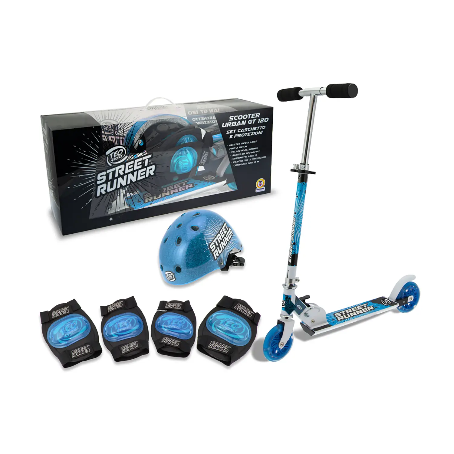 Set Monopattino Blu con Casco e Protezioni Max 50Kg Ruote Pu 120Mm Abec 5 Taglia M - Teosport - monopattini