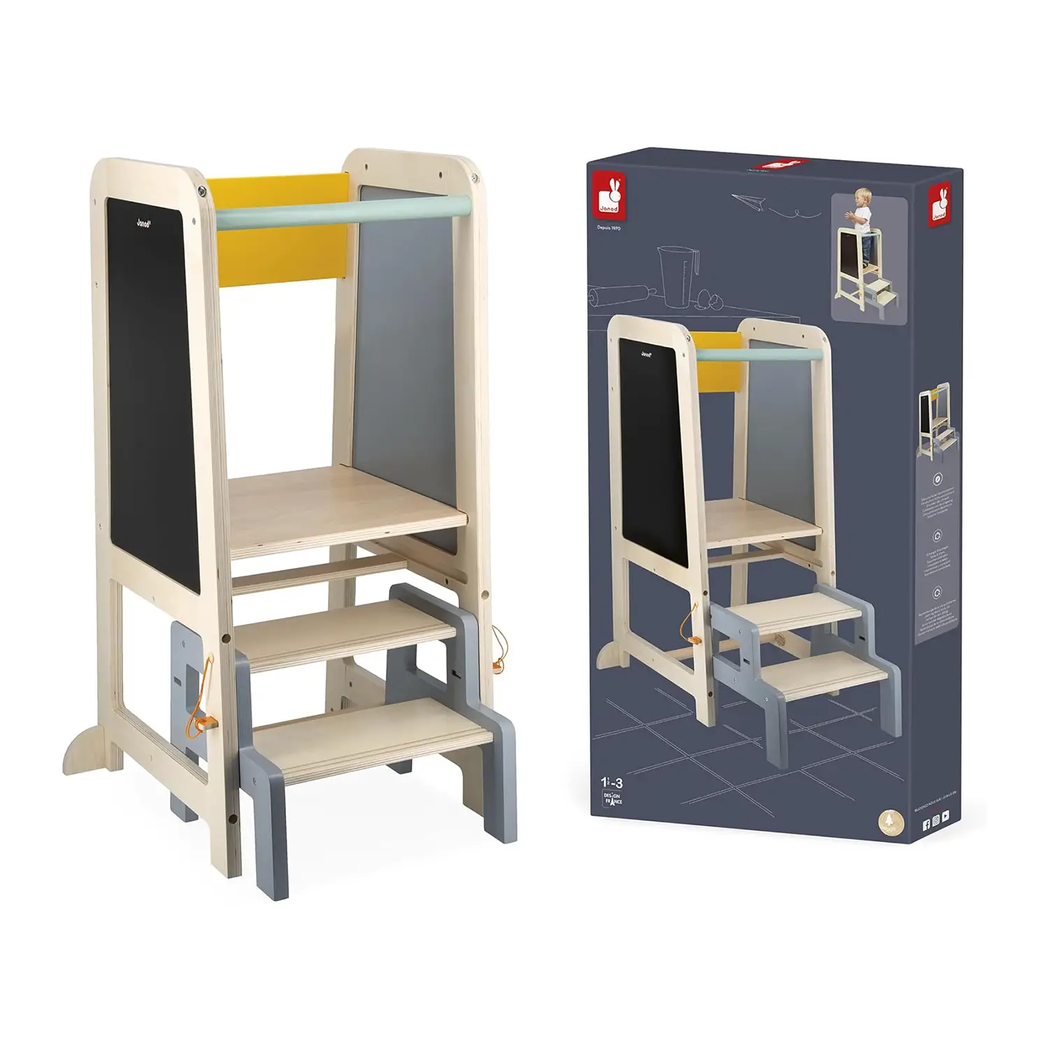 Janod Torre di Osservazione in Legno - 2 Altezze, Lavagna, Sgabello - Primi giochi