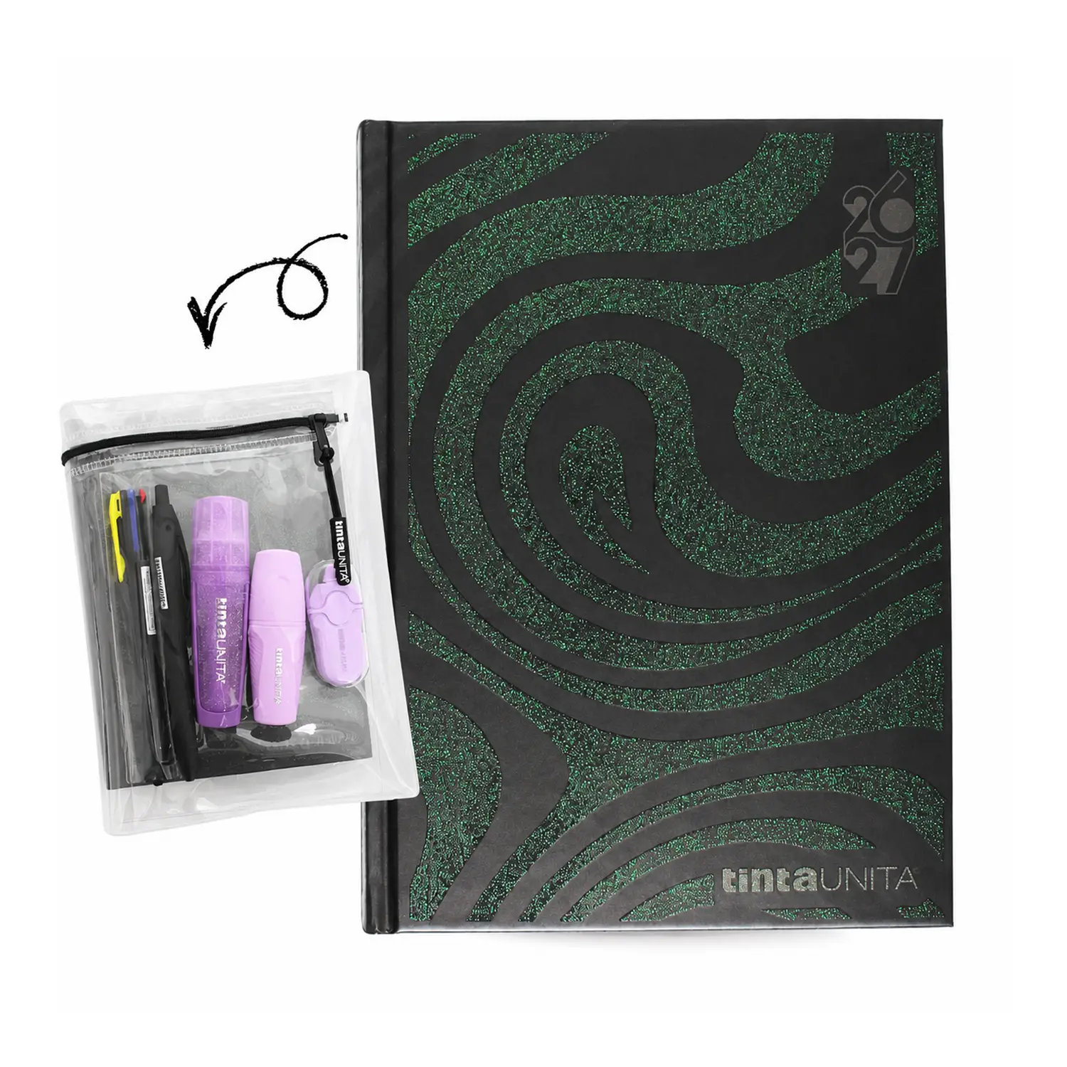 Tinta Unita Glitter Diario 12 Mesi Con Cover E Accessori Nero - diari