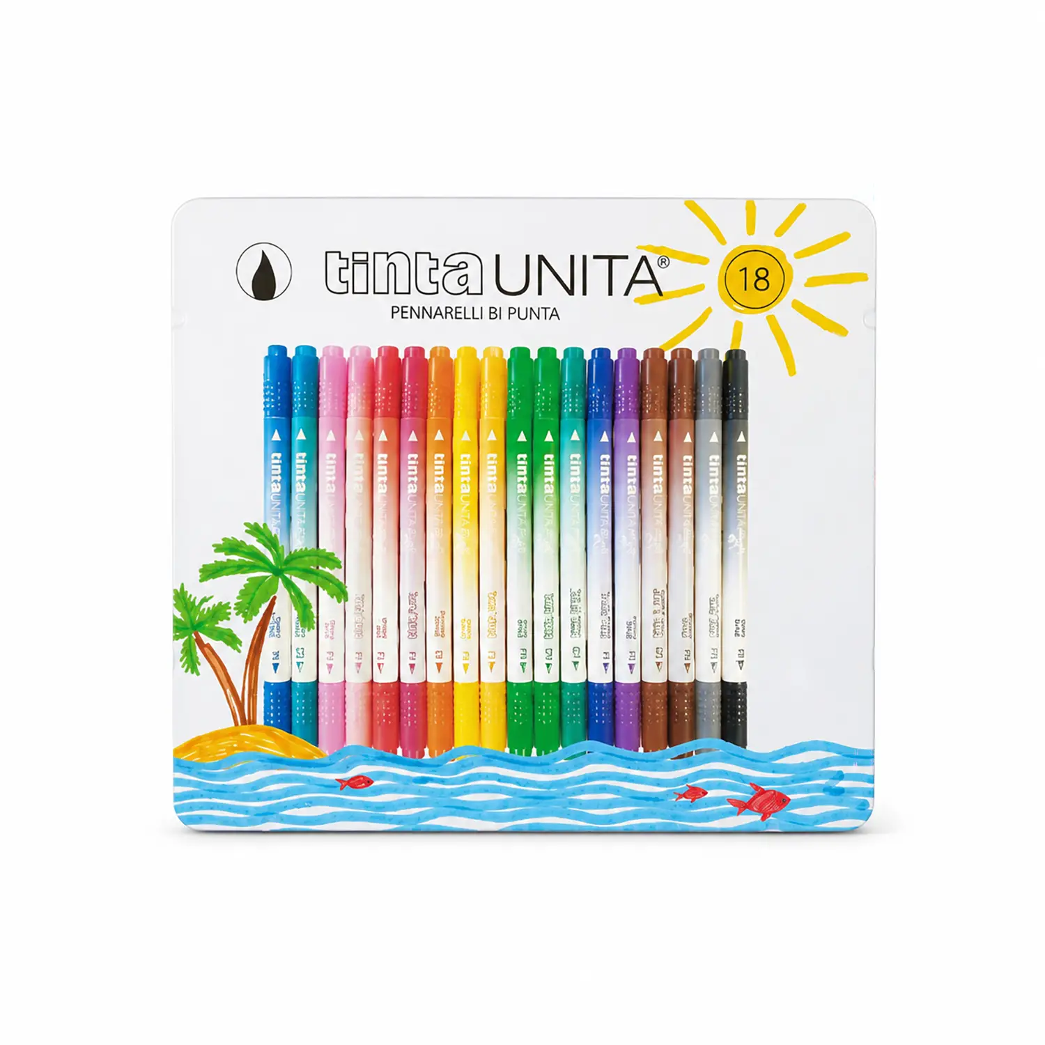 Tinta Unita Pennarelli Brush Bi-Punta 18 Pezzi Scatola In Metallo - Pennarelli