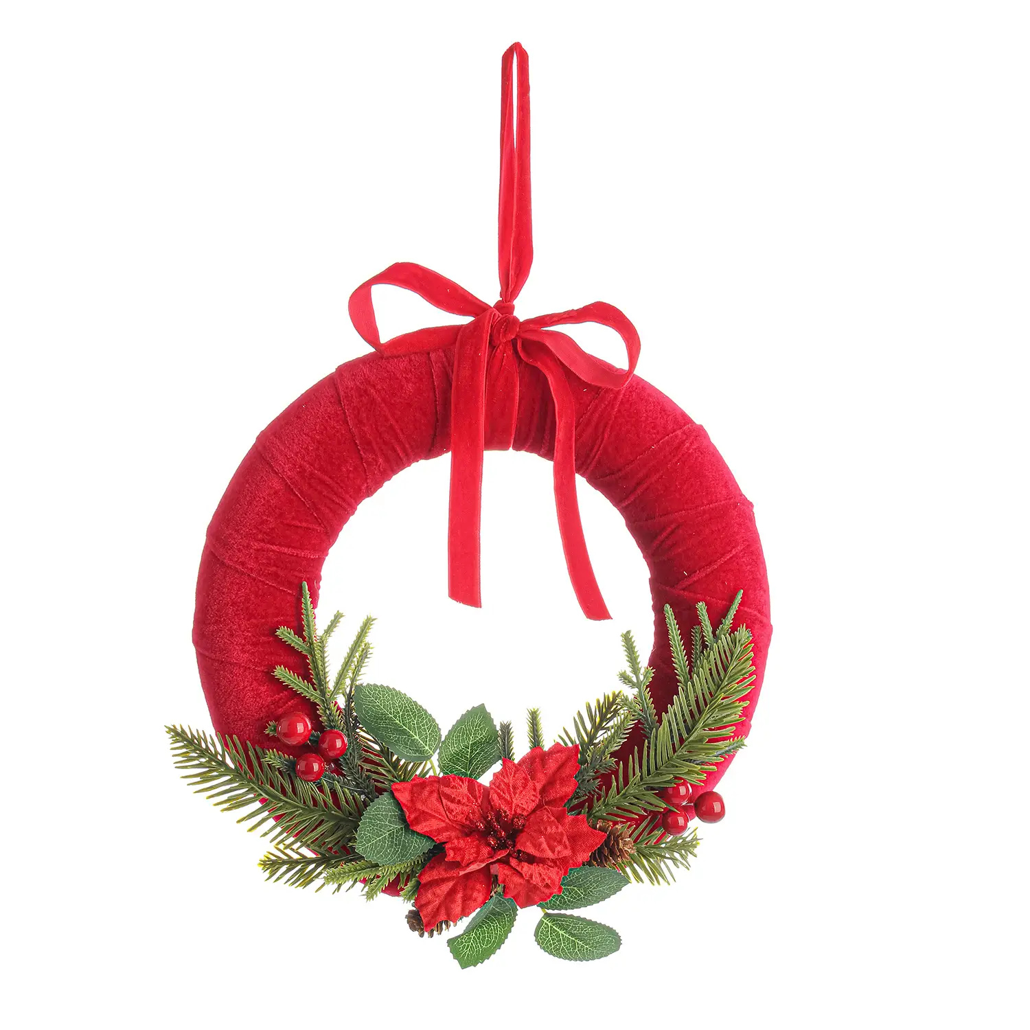 Corona Natalizia Ingrid Rossa con Pigne Bacche e Fiore Decorativo - fiori e ghirlande
