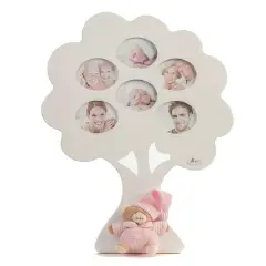 PORTA FOTO ALBERO GENIALOGICO LEGNO BIANCO 6 FOTO CON ORSO IN STOFFA ROSA